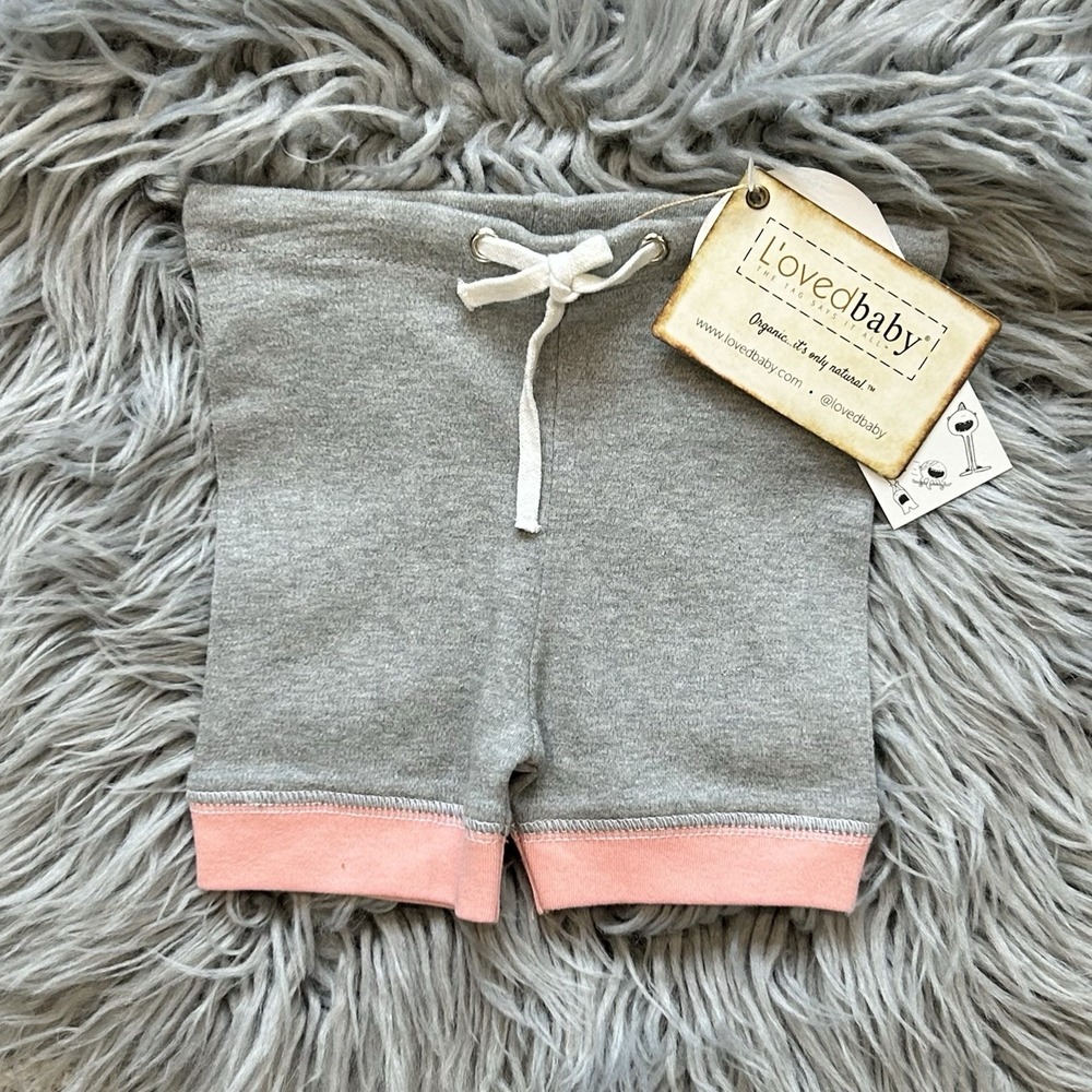 L'oved Baby Organic Cotton Heathered Grey Biker Shorts W/Pink Trim 6-9 Month